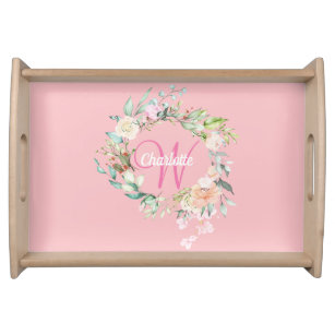 Script Monogram Roses Floral Girly Pink Serving Tray
