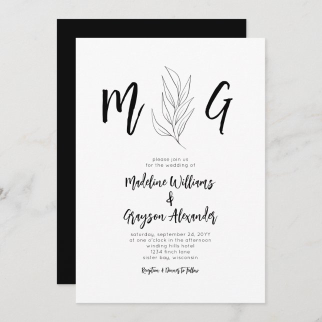 Script Monogram Simple Botanical Wedding  Invitation (Front/Back)