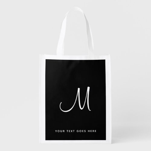 Script Monogram Trendy Elegant Black White Grocery Bag