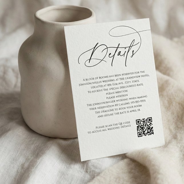 Script Monogram Wedding Details White QR Code Enclosure Card (Creator Uploaded)