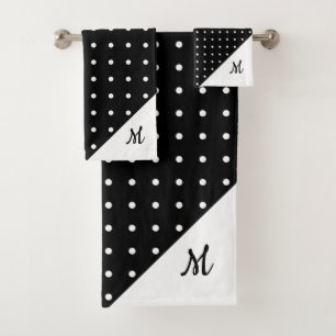 Script Monogram White on Black Polka Dot Pattern Bath Towel Set