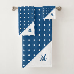 Script Monogram White on Blue Polka Dot Pattern Bath Towel Set