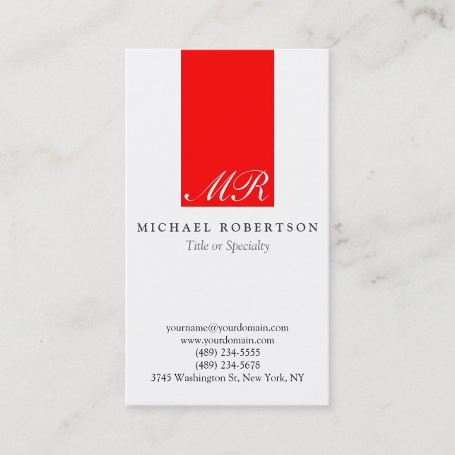 Script Monogram White Red Clean Business Card (Front)