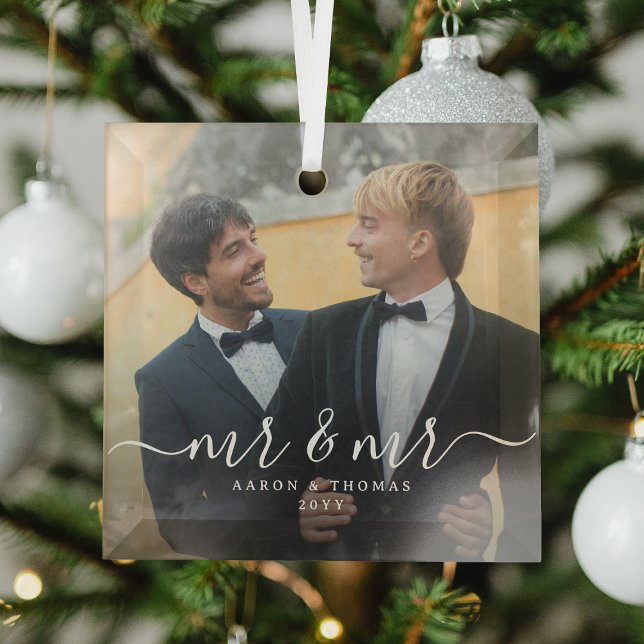Script Mr & Mr Newlyweds Photo Christmas Glass Ornament (Creator Uploaded)