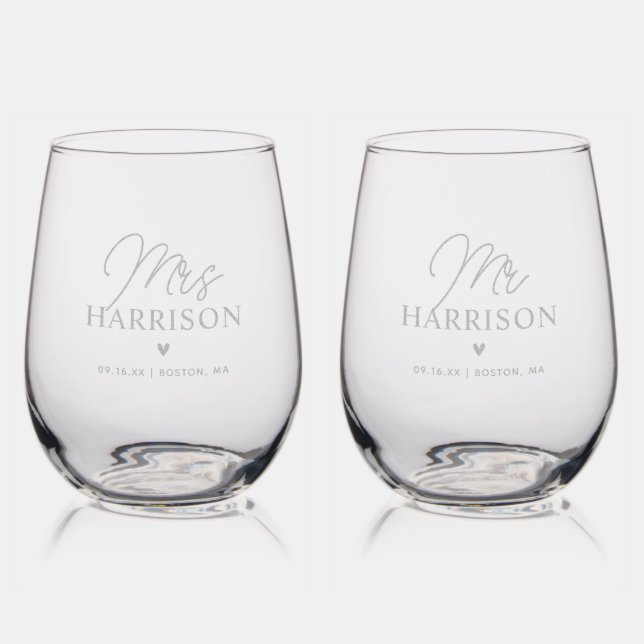 Script Mr Wedding Personalized Etched Stemless Wine Glass (Glassware)
