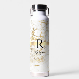 Script Name & Black Monogram, White & Gold Marble Water Bottle
