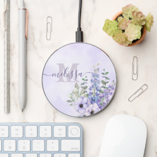 Script Name Blush Purple Wildflowers Monogram Wireless Charger