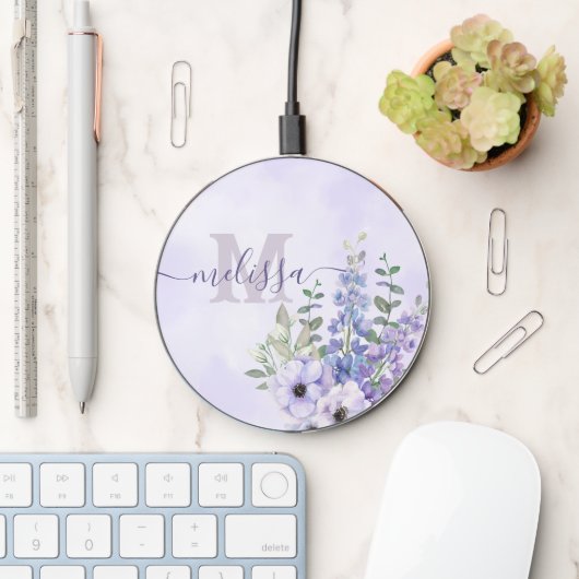 Script Name Blush Purple Wildflowers Monogram Wireless Charger (Desk)