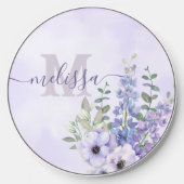 Script Name Blush Purple Wildflowers Monogram Wireless Charger (Front)