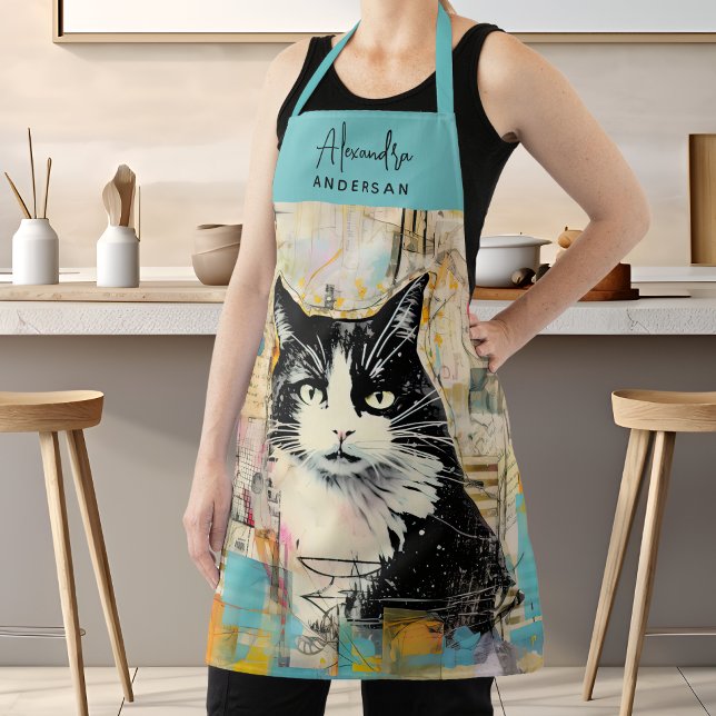 Script Name Cat Mom Dad Cooking Apron (Vintage Black Cat Scrapbook Painting Script Name Apron)