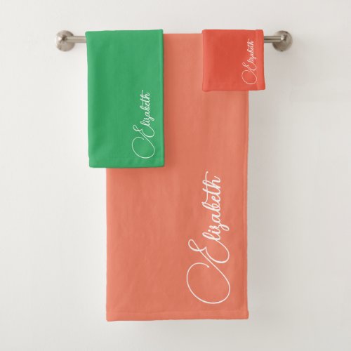 Script Name Changeable Colors Salmon Orange Green Bath Towel Set