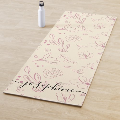Script name custom Pink florals on beige cream Yoga Mat