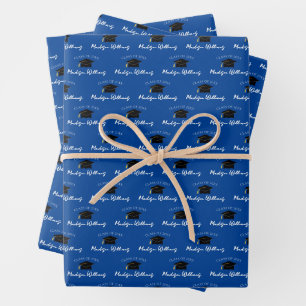 Script Name Graduation Cap Class Year Blue Wrapping Paper Sheets