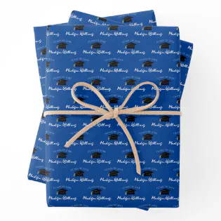 Script Name Graduation Cap Class Year Blue Wrapping Paper Sheets