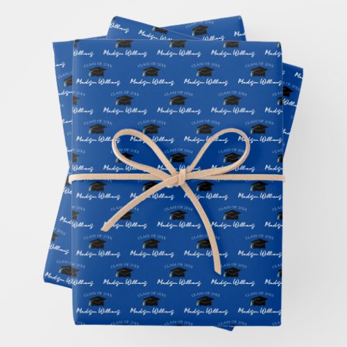 Script Name Graduation Cap Class Year Blue Wrapping Paper Sheets