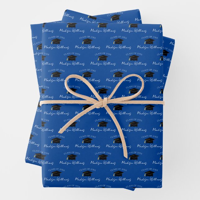 Script Name Graduation Cap Class Year Blue Wrapping Paper Sheets (In situ)
