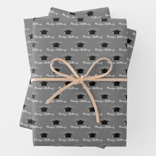 Script Name Graduation Cap Class Year Gray Wrapping Paper Sheets