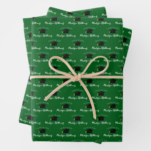 Script Name Graduation Cap Class Year Green Wrapping Paper Sheets