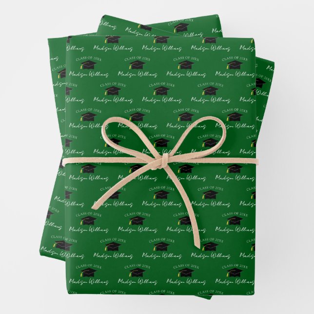Script Name Graduation Cap Class Year Green Wrapping Paper Sheets (In situ)