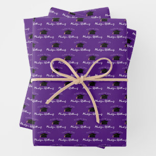 Script Name Graduation Cap Class Year Purple Wrapping Paper Sheets