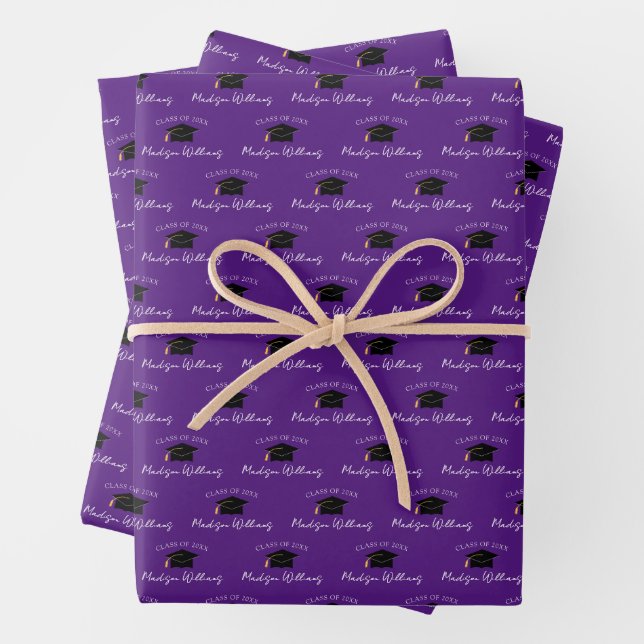 Script Name Graduation Cap Class Year Purple Wrapping Paper Sheets (In situ)
