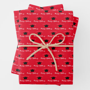 Script Name Graduation Cap Class Year Red Wrapping Paper Sheets