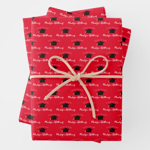 Script Name Graduation Cap Class Year Red Wrapping Paper Sheets