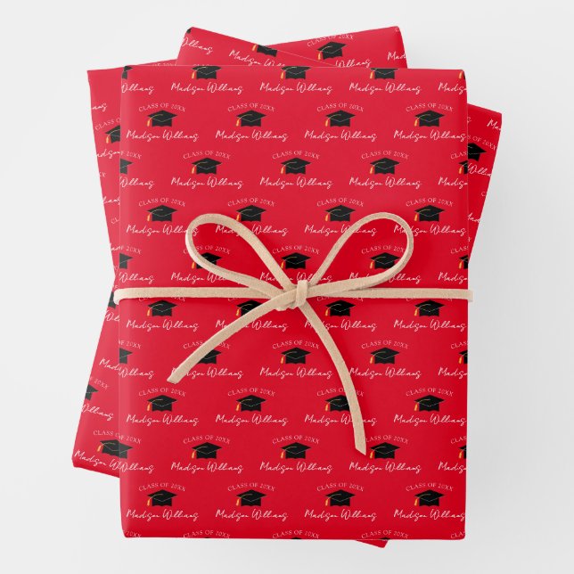 Script Name Graduation Cap Class Year Red Wrapping Paper Sheets (In situ)