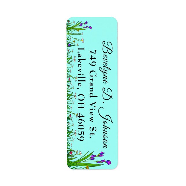 Script Name Grass & Flower Border on Turquoise  Label (Front)