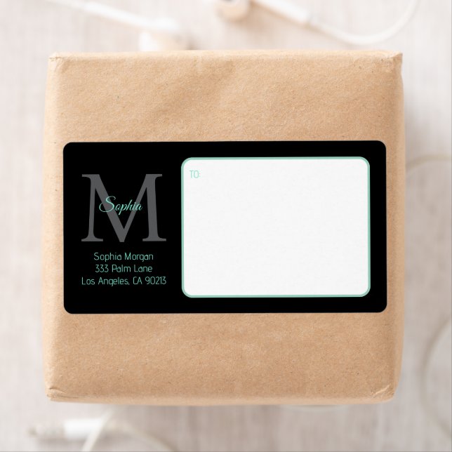Script Name Large Monogram, Teal & Black Shipping Label (Insitu)