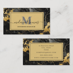 Script Name Monogram Black and Gold Marble Business Card