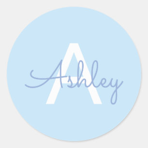 Script Name & Monogram Light Blue White Purple Classic Round Sticker
