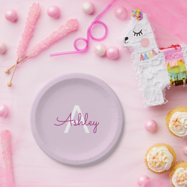 Script Name & Monogram | Magenta & Light Purple Paper Plates (Party)
