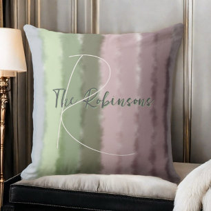 Script name monogram ombre purple green stripes throw pillow