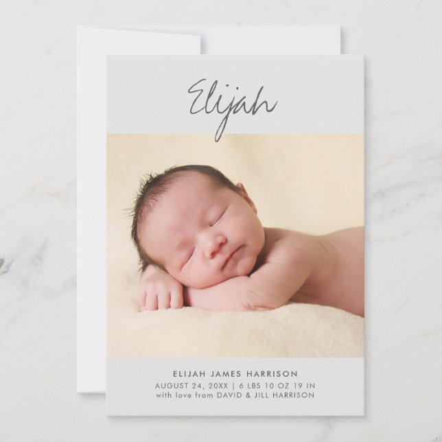 Script Name Neutral Gray 1-Photo Birth Announcement (Front)