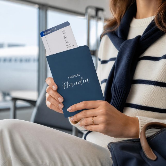 Script Name on Navy Blue Passport Holder (Passport Holder Navy)