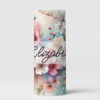 Script name on vintage watercolor pink flowers pillar candle