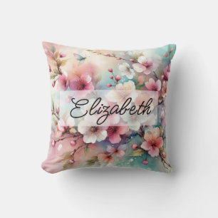 Script name on vintage watercolor pink flowers throw pillow