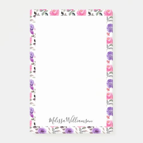 Script Name Purple Lilac Blush Pink Floral Border Post_it Notes