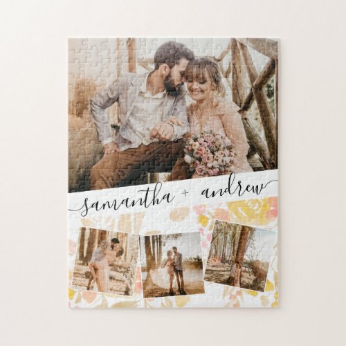 Script names 4 photo collage grid floral wedding jigsaw puzzle