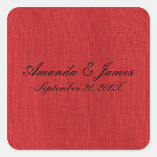 Script Names Date Red Linen Texture Photo Wedding Square Sticker