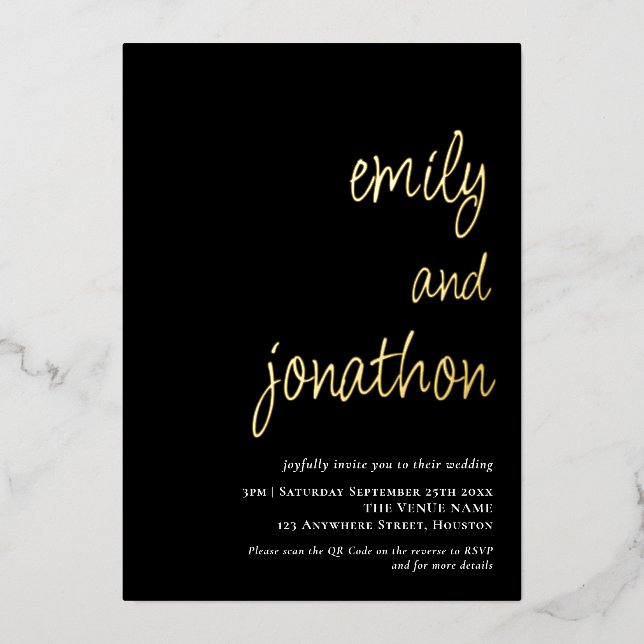  Script Names QR Code Wedding Black Luxury Foil Invitation (Front)