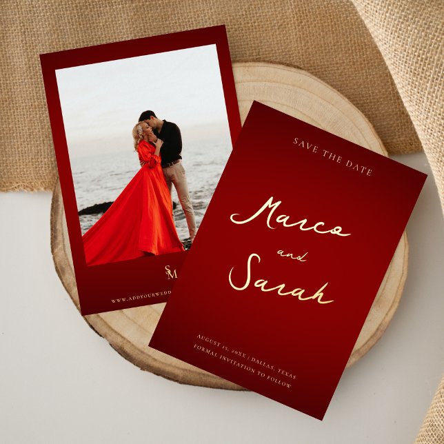 Script Names | Red and Gold Wedding Save the Date Foil Invitation (Creator Uploaded)