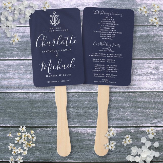 Script Navy Blue Anchor Nautical Wedding Program Hand Fan (Script Navy Blue Anchor Nautical Wedding Program Hand Fan)