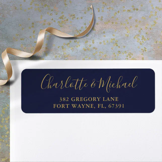 Script Navy Blue And Gold Wedding Return Address Label | Zazzle
