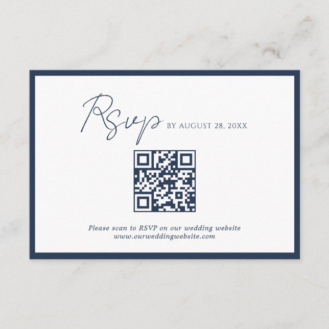 Script Navy Blue Border QR Code Wedding Rsvp Enclosure Card (Front)