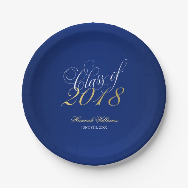Script Navy Blue Faux Gold 2018 Graduation Party Paper Plate