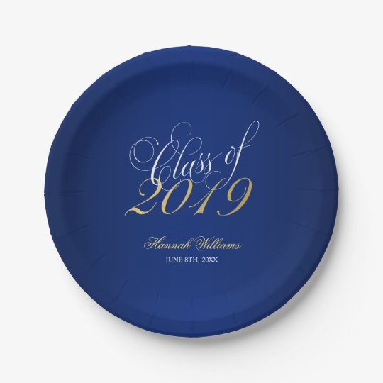 Script Navy Blue Faux Gold 2019 Graduation Party Paper Plate