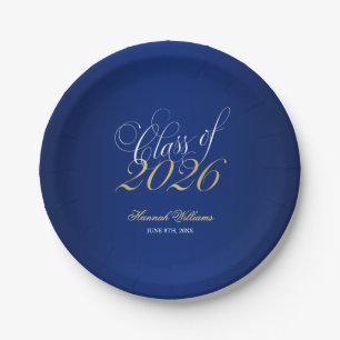 Script Navy Blue Faux Gold 2026 Graduation Party Paper Plates