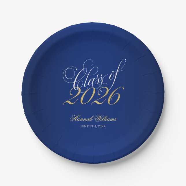 Script Navy Blue Faux Gold 2026 Graduation Party Paper Plates (Front)